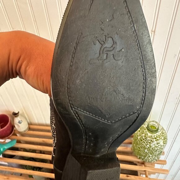 Vintage Black Suede Western Cowboy Boots With bird Detailing & Stacked Heels 7.5 - Picture 4 of 5